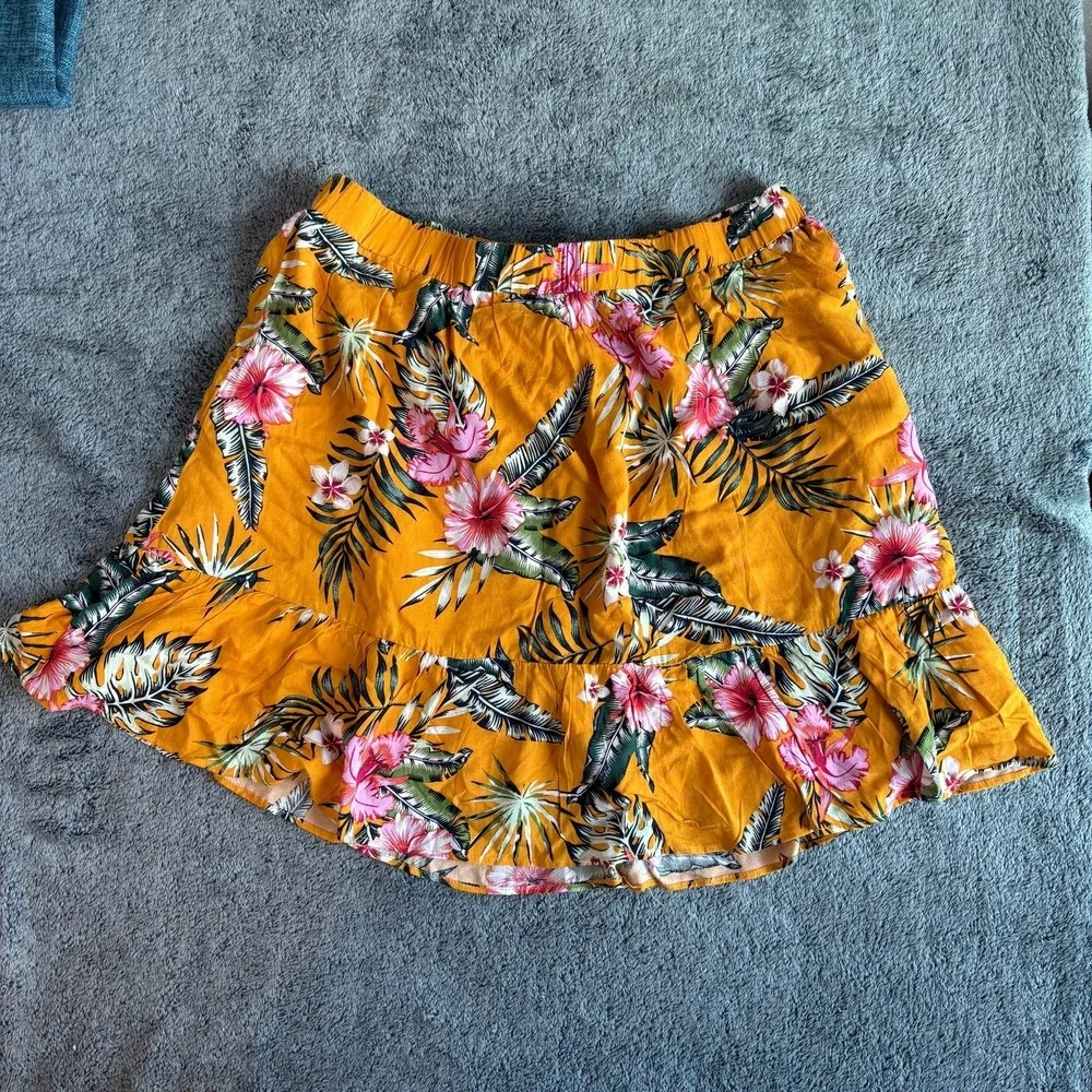 Mustard Yellow Tropical Floral Ruffle‎ Mini Skirt Large Rayon Boho Summer